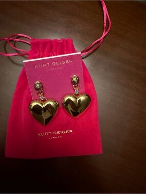 Kurt Geiger Gold Heart Drop Earrings with Pink Velvet Pouch